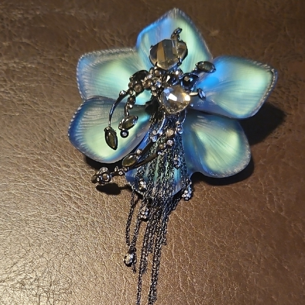 Alexis Bittar Blue And Dark Silver Floral Brooch Large